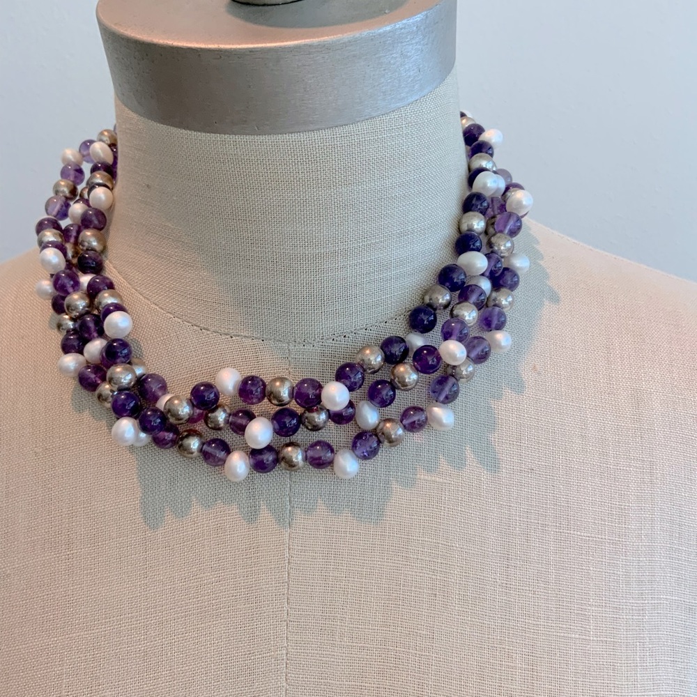 3 Strand of Pearls, Silver, and Amethyst Bead Necklace